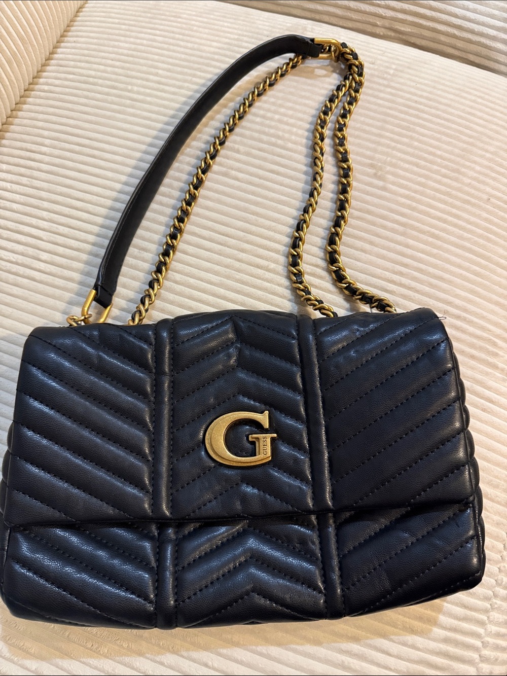 G by Guess Black Quilted Shoulder Bag with Gold G Logo and Chain Strap